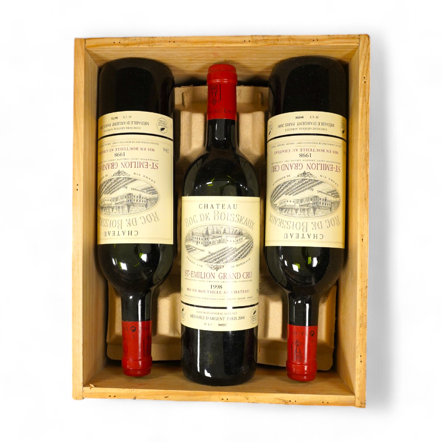 A case of six bottles of Chateau Roc de Boisseaux Saint Emilion grand Cru 1998. Condition - good